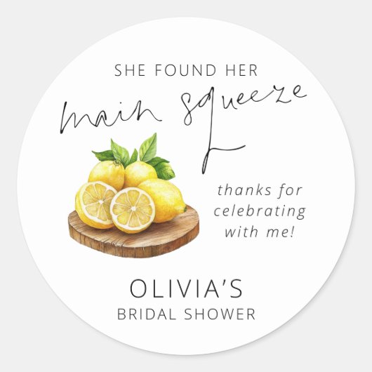 Main Squeeze Lemon Bruiloft Feest Bedankt Ronde Sticker (Voorkant)
