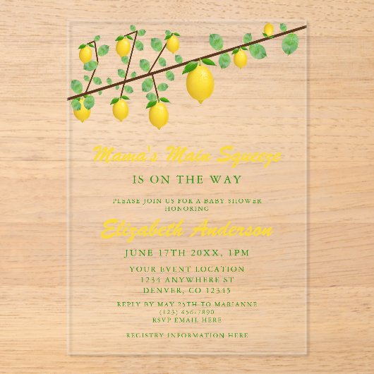 Main Squeeze Lemon Gender Neutral Baby Shower Acryl Uitnodigingen (Voorkant)