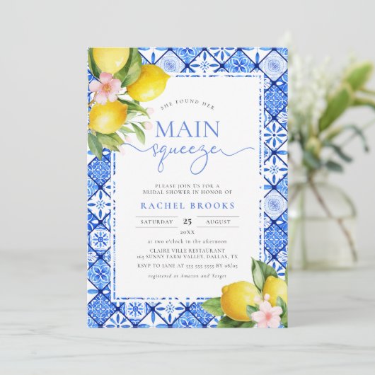 Main Squeeze Lemon Italiaans Blauwe Tegel Vrijgeze Kaart (Staand voorkant)