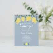 Main Squeeze Lemon Stof Blauw Bruidsfeest Aankondigingskaart (Staand voorkant)