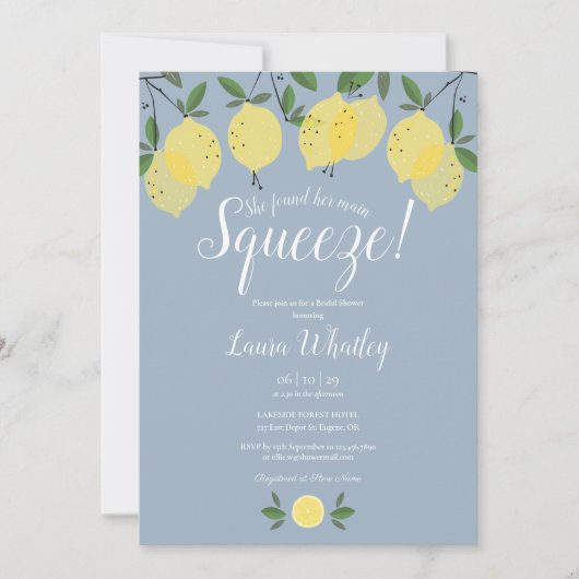 Main Squeeze Lemon Stof Blauw Bruiloftsfeest Kaart (Voorkant)