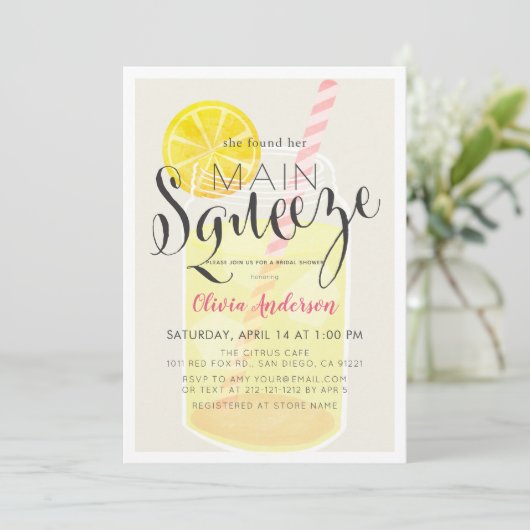 Main Squeeze Lemonade Mason Jar Vrijgezellenfeest Kaart (Staand voorkant)