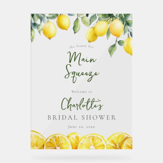 Main Squeeze Lemons Bruiloft Feest Welkom Acryl Bord (Voorkant)