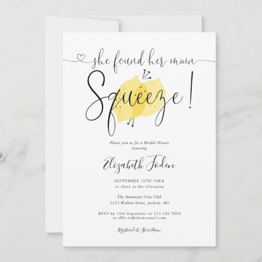 Main Squeeze Lemons Monogram Script Bruiloftsfeest Kaart (Voorkant)