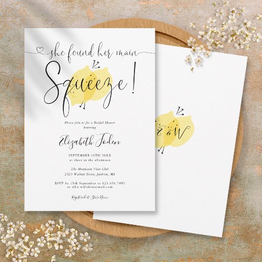 Main Squeeze Lemons Monogram Script Bruiloftsfeest Kaart