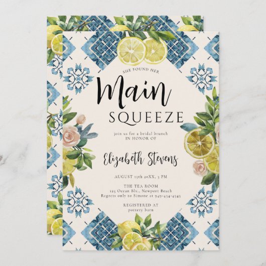 Main Squeeze Lemons Rozen Blauwe Tegels Vrijgezell Kaart (Voorkant / Achterkant)