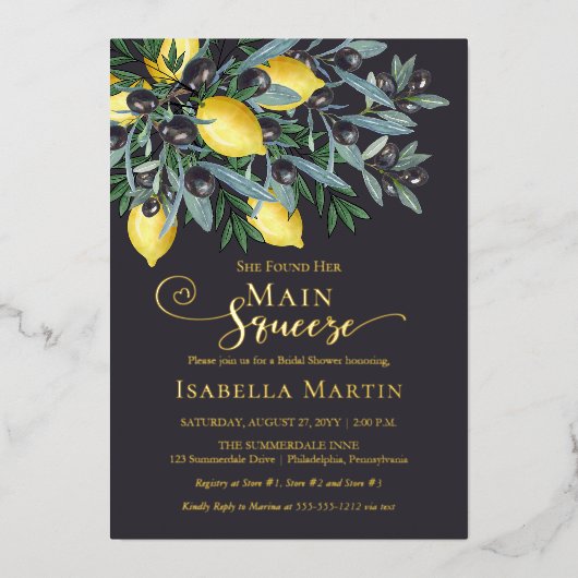 Main Squeeze Lemons | Vrijgezellenfeest zwarte oli Folie Uitnodiging (Voorkant)