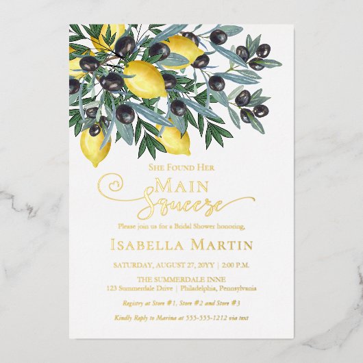 Main Squeeze Lemons | Vrijgezellenfeest zwarte oli Folie Uitnodiging (Voorkant)