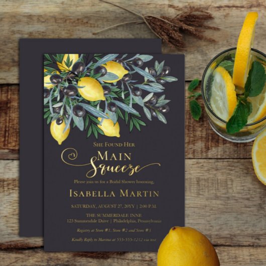 Main Squeeze Lemons | Vrijgezellenfeest zwarte oli Folie Uitnodiging
