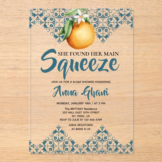 Main Squeeze Mediterraan Vrijgezellenfeest Blauw Acryl Uitnodigingen (Voorkant)