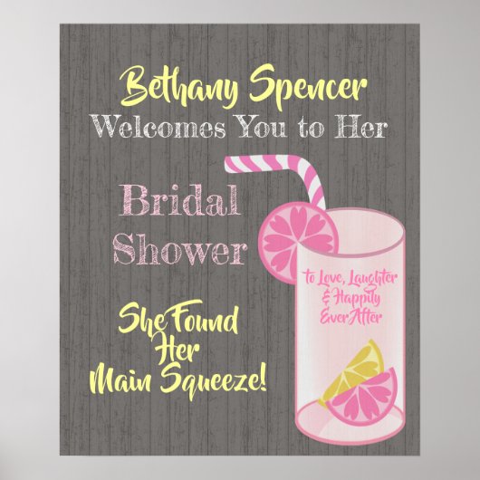 Main Squeeze Roze Limonade Bruiloftsborrel Welkom Poster (Voorkant)