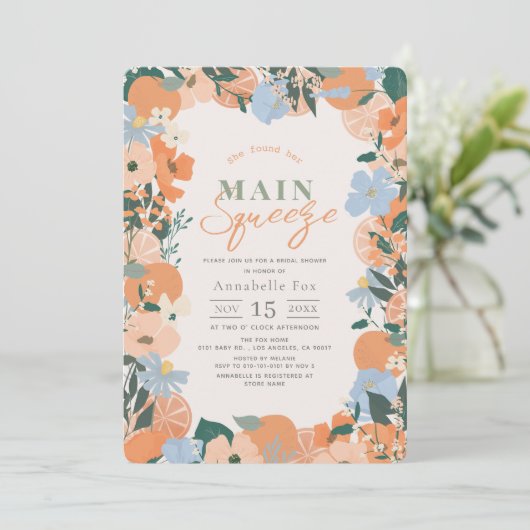 Main Squeeze Sinaasappel Bloemen Vrijgezellenfeest Kaart (Staand voorkant)