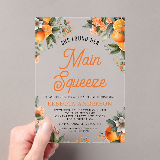 Main Squeeze Tangerine Orange Citrus Bridal Shower Acryl Uitnodigingen (Insitu (Draagbaar))