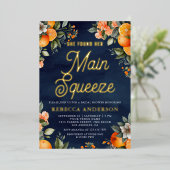 Main Squeeze Tangerine Oranje Navy Vrijgezellenfee Folie Uitnodiging (Staand Voorkant)