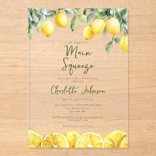 Main Squeeze Waterverf Elegant Vrijgezellenfeest Acryl Uitnodigingen (Voorkant)