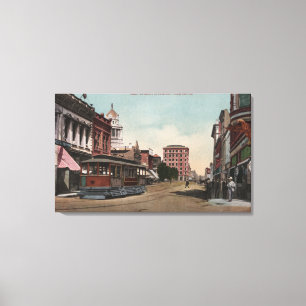 Main Street Uitzicht met Street Car Canvas Afdruk