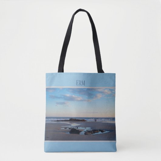 Maine Beach Low Tide Blue Monogramed Tote Bag (Voorkant)