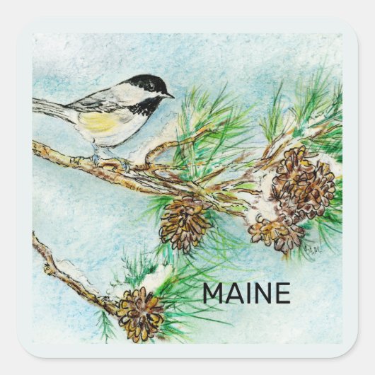 Maine bird and flower vierkante sticker (Voorkant)