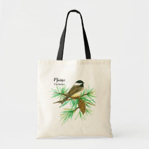 Maine Bird Chickadee White Pinecone Tassel Tote Bag