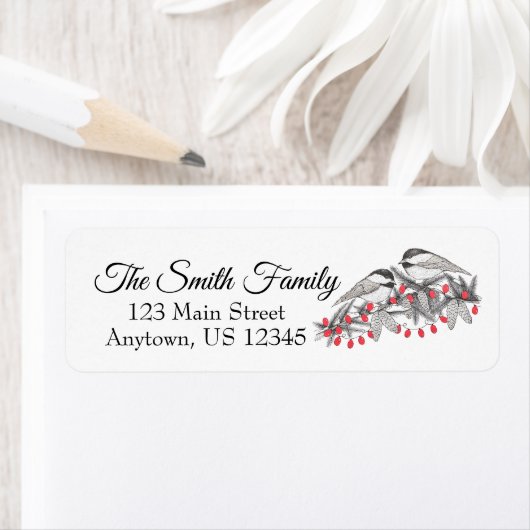 Maine Chickadee Vogelpen en Ink Kerstvakantie Etiket (Insitu)