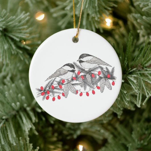 Maine Chickadee Vogelpen en Ink Kerstvakantie Keramisch Ornament (Boom)