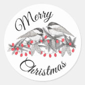 Maine Chickadee Vogelpen en Ink Kerstvakantie Ronde Sticker (Voorkant)