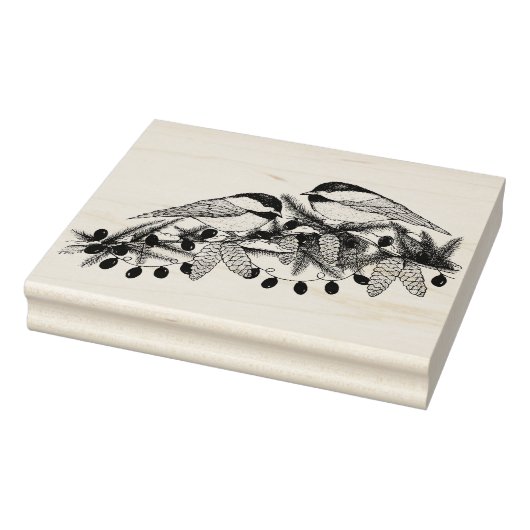 Maine Chickadee Vogels Pine Branch Sneeuw Kerstmis Rubberstempel (Stempel)