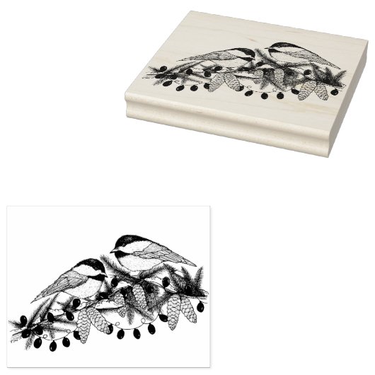 Maine Chickadee Vogels Pine Branch Sneeuw Kerstmis Rubberstempel (Gestempeld)