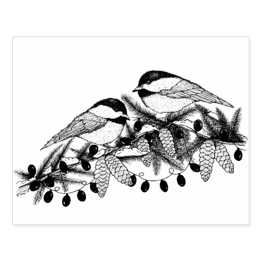 Maine Chickadee Vogels Pine Branch Sneeuw Kerstmis Rubberstempel (Afrduk)