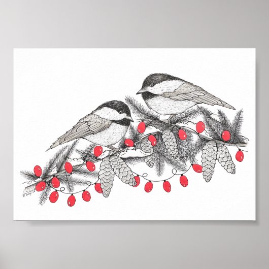 Maine Chickadees Pen en Ink Bird Art Illustratie Poster (Voorkant)