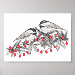 Maine Chickadees Pen en Ink Bird Art Illustratie Poster