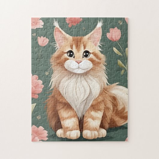 Maine Coon Art met roze bloemen Legpuzzel (Verticaal)