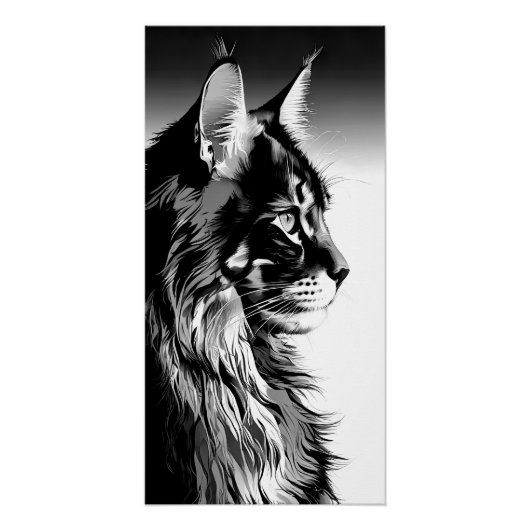 Maine Coon Art Print: Black & White Cat Portrait Perfect Poster (Voorkant)