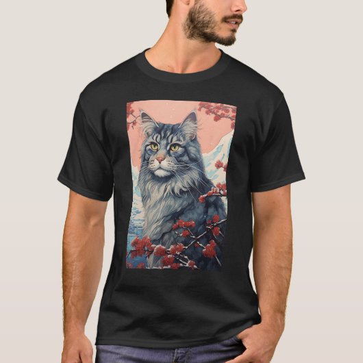 Maine Coon Cat Aesthetic Japanese Ukiyo e Art T-shirt (Voorkant)