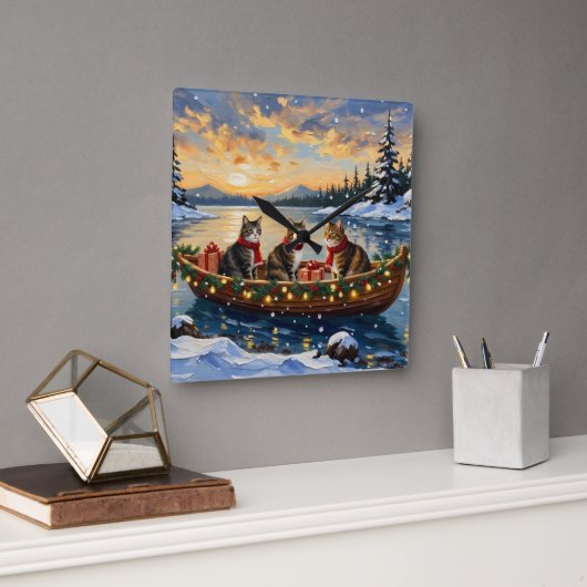 Maine Coon Cat Christmas Boat Holiday Vierkante Klok (Kantoor)