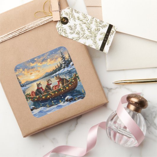 Maine Coon Cat Christmas Boat Holiday Vierkante Sticker (Geschenken)