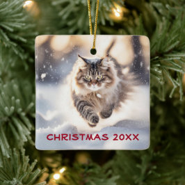 Maine Coon Cat Dashing Door De Sneeuw Keramisch Ornament