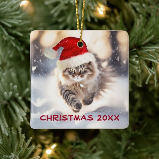 Maine Coon Cat Dashing Door De Sneeuw Keramisch Ornament (Boom)