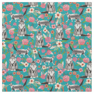 maine coon cat  florals turquoise stof