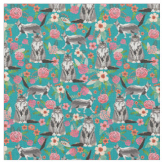 maine coon cat florals turquoise stof