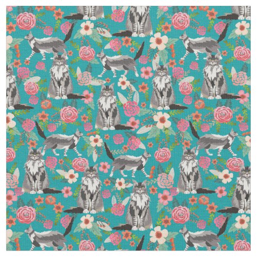 maine coon cat  florals turquoise stof (Close Up)