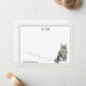 Maine Coon Cat Gray Border Monogram Naam Opmerking Notitiekaartje (Voorkant / Achterkant in situ)