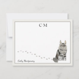Maine Coon Cat Gray Border Monogram Naam Opmerking Notitiekaartje