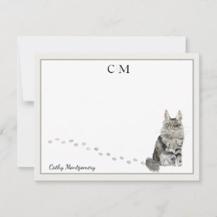 Maine Coon Cat Gray Border Monogram Naam Opmerking Notitiekaartje