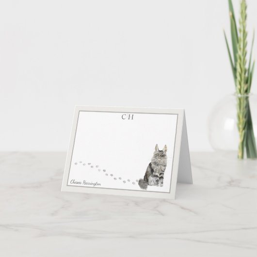 Maine Coon Cat Grey Border Monogram Naam Gevouwen Bedankkaart (Voorkant)