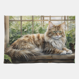 Maine Coon Cat in een gezellige binnentuin Theedoek