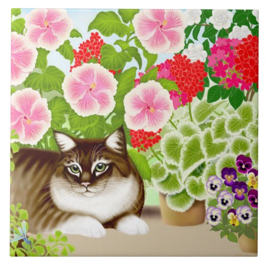 Maine Coon Cat in Patio Garden Tile Tegeltje (Voorkant)