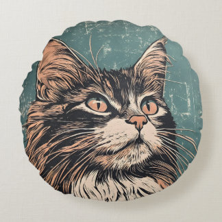 Maine Coon Cat Lino Print Rond Kussen