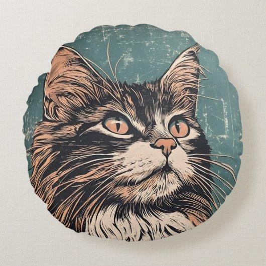 Maine Coon Cat Lino Print Rond Kussen (Voorkant)