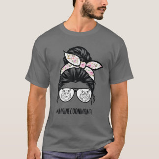 Maine Coon Cat Mam Messy Bun Hair Glasses T-shirt